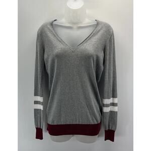 J Crew Varsity Stripe Womens Sweater Size S Gray White Burgundy V-Neck LS Top